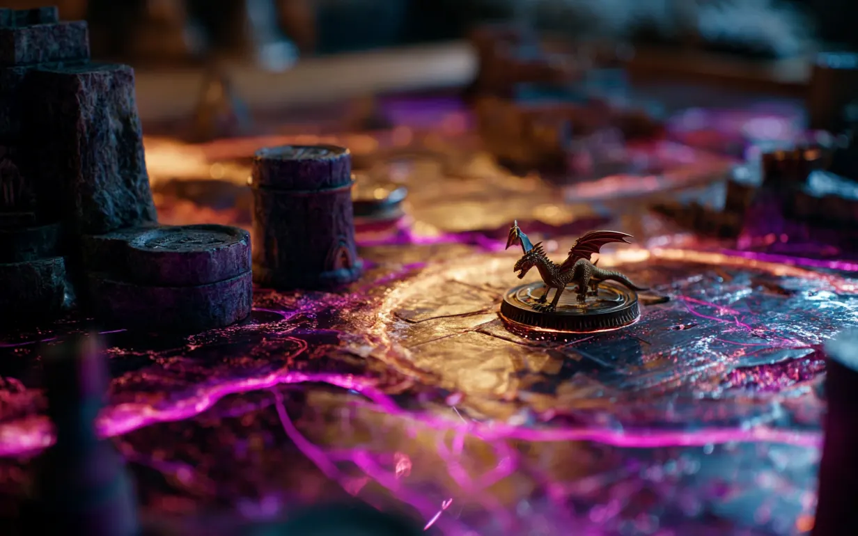 Table de guerre sombre : tours sculptées et dragon de bronze sur une carte lumineuse