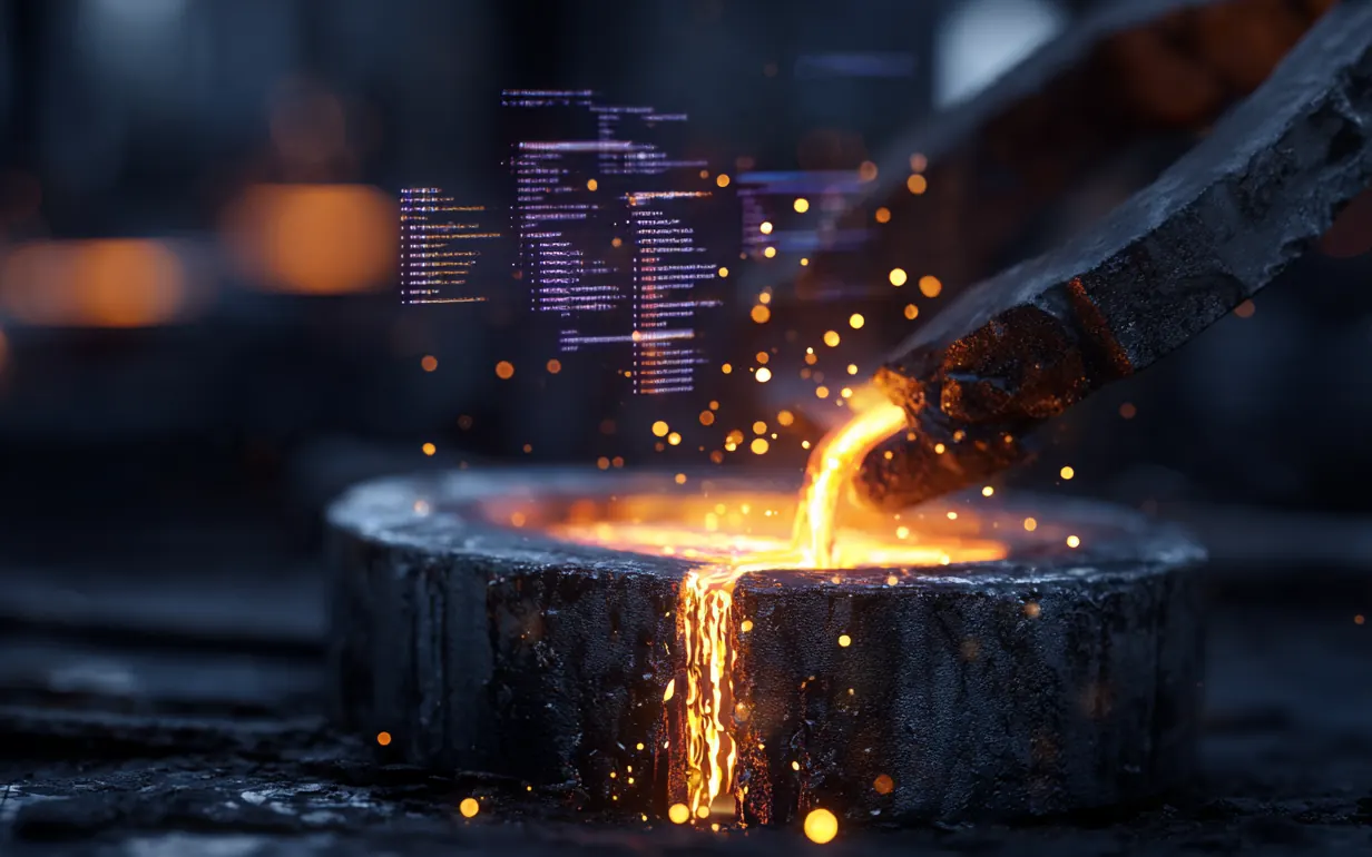 Métal en fusion coulé dans une forge, avec des lignes de code en hologramme