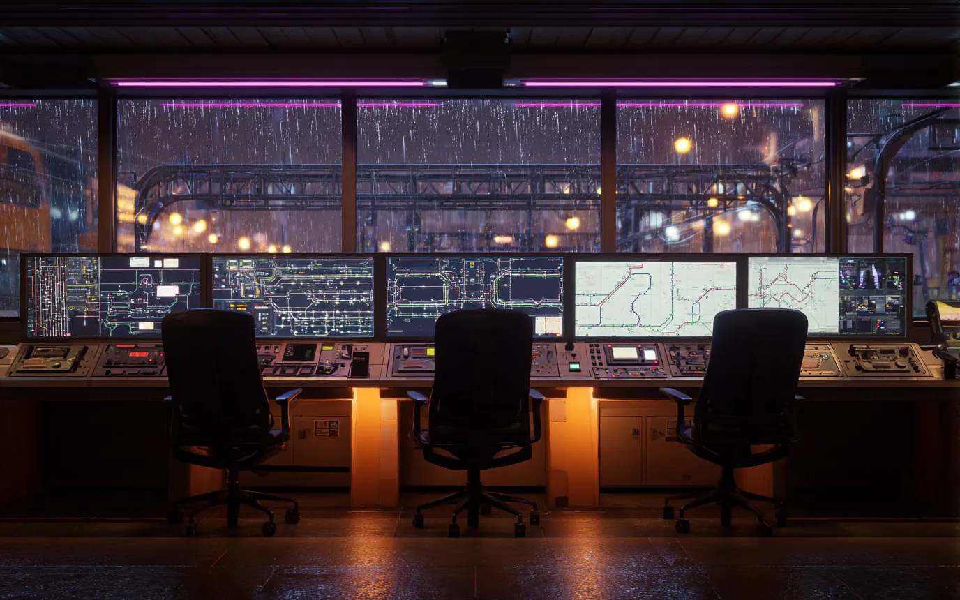 Illustration : salle de contrôle ferroviaire de nuit, écrans de schémas de voies face aux quais sous la pluie