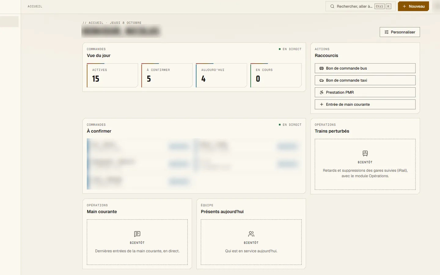 Tableau de bord de CSM : commandes du jour, raccourcis et commandes à confirmer (données floutées)