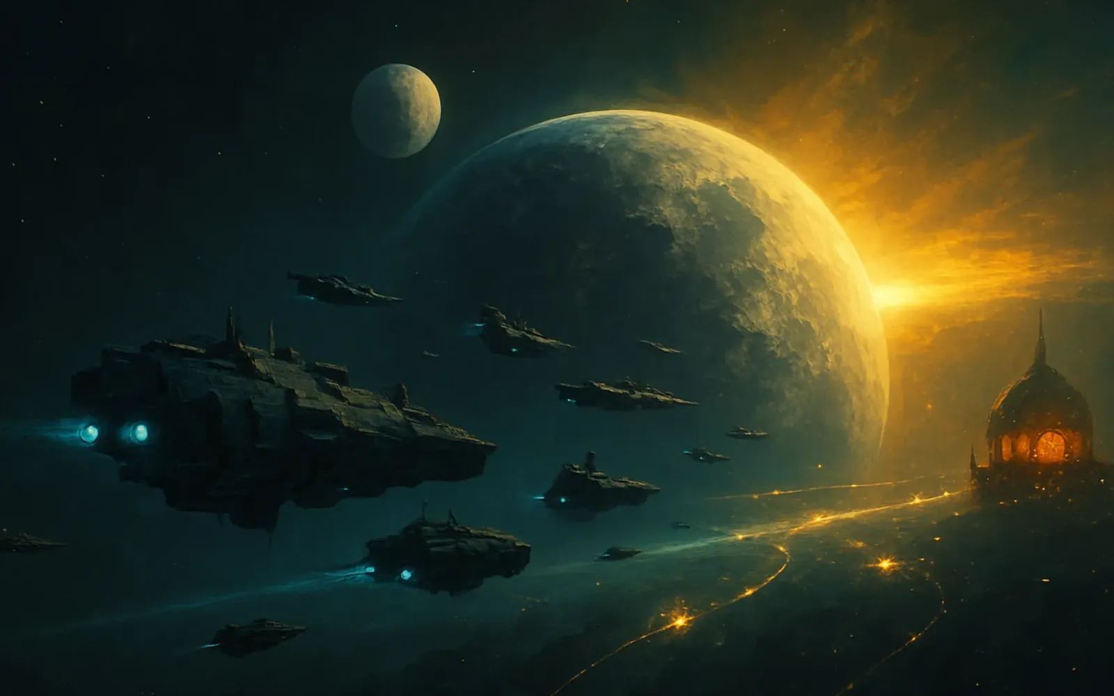 Illustration de Cosmic Empires : une flotte de vaisseaux passe devant une planète embrasée