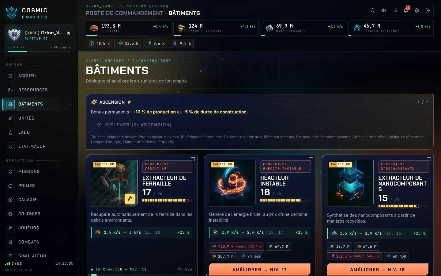 Écran des bâtiments de Cosmic Empires