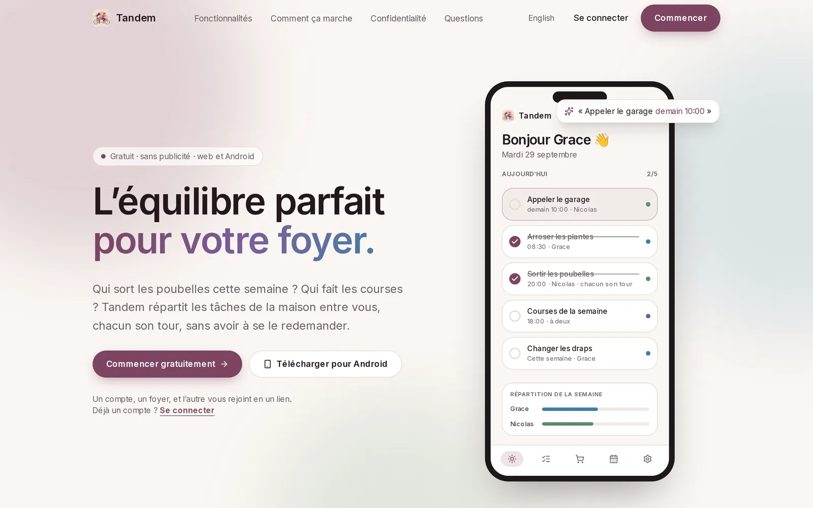 Page d'accueil de Tandem avec l'application ouverte sur un téléphone