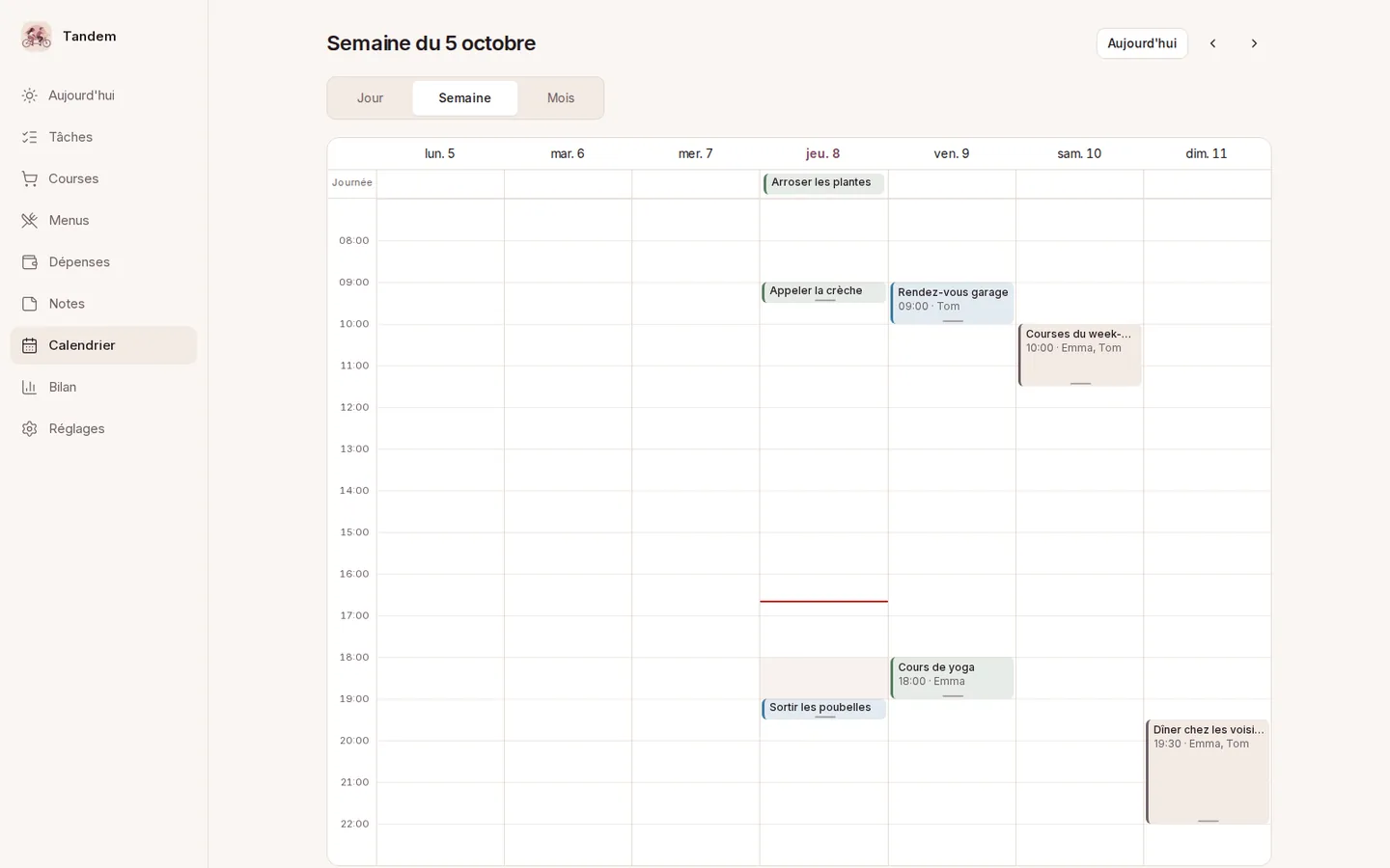 Calendrier de Tandem en vue semaine